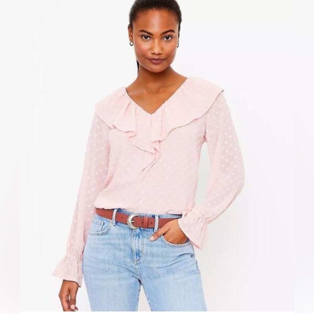LOFT Pink Ruffle Long Sheer Sleeve Blouse. Size-Petite Large. Soft Romantic